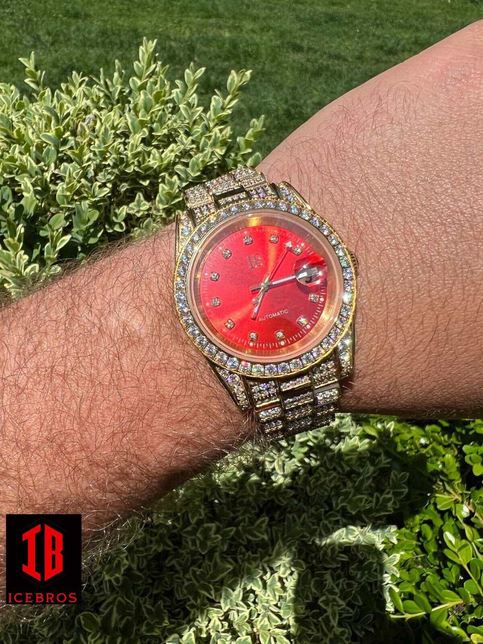 (29) Mens MOISSANITE Red Face Gold Presidential Watch Iced Hip Hop Passes Diamond Test