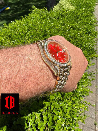 (29) Mens MOISSANITE Red Face Gold Presidential Watch Iced Hip Hop Passes Diamond Test