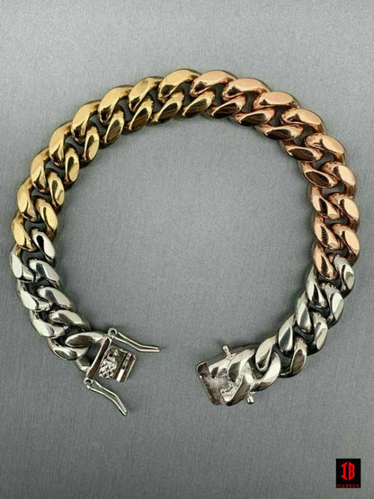 12mm Men's Miami Cuban Link Bracelet 3 Tri Color Real Gold Over Stainless Steel