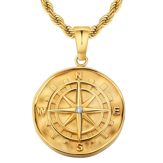 Compass Pendant Necklace Stainless Steel 18K Gold Color Rope Chain