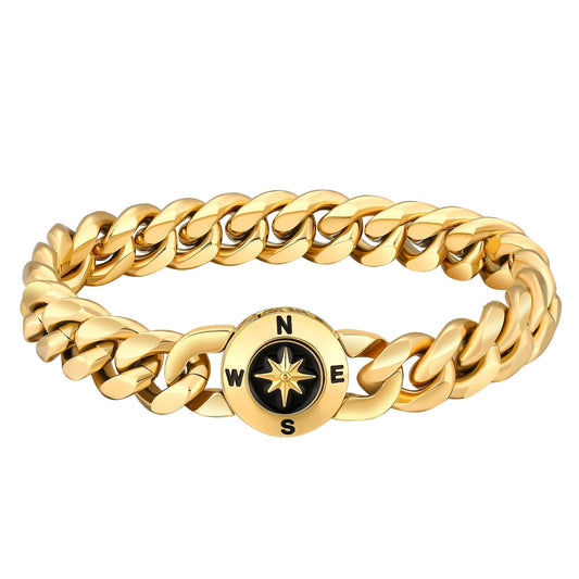 12mm 18K Gold Plated Stainless Steel Cuban Bracelet with Compass Button Clasp