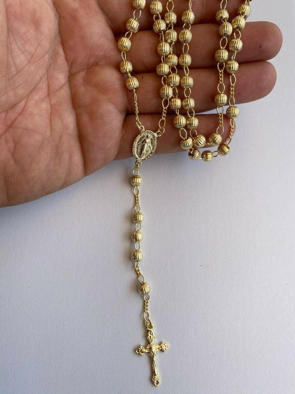 14k Gold Over Vermeil 925 Silver Men's Rosary Beads Necklace Rosario 6mm Diamond Moon Cut