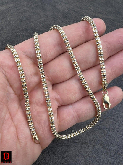 14k Genuine Solid Yellow & White Gold Sparkle Ice Link Chain Necklace Diamond cut Two Tone