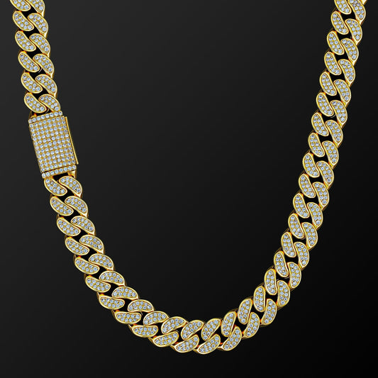 12mm 14K Gold Plated Brass Cuban Necklace with 5A CZ Stones