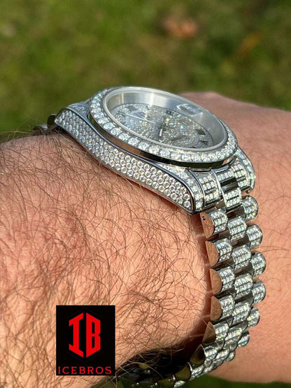 (6) MOISSANITE Mens Presidential Watch Iced Bust Down Hip Hop Diamond Test