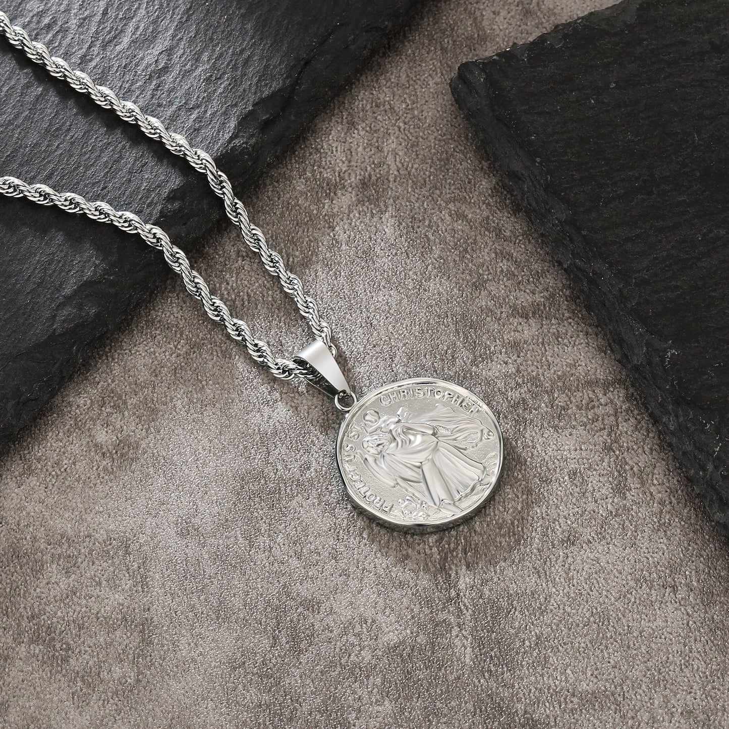 St Christopher Coin Pendant Necklace Stainless Steel 18K Gold Color with Rope Chain