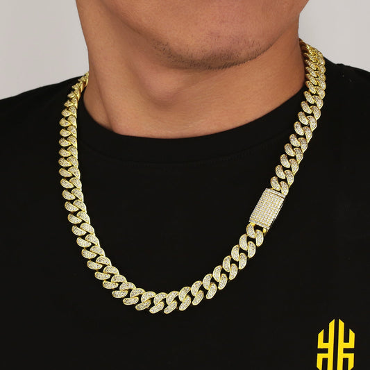 12mm 14K Gold Plated Brass Cuban Necklace with 5A CZ Stones