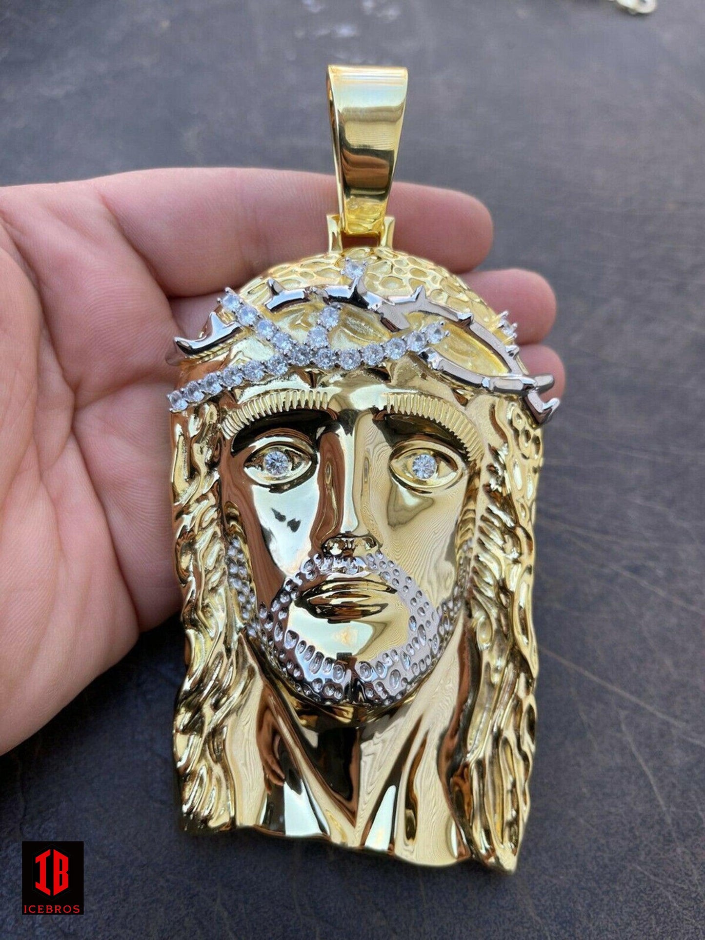 6inch 309 Grams 14k Gold Over 925 Silver Men's Jesus Piece Diamond Crown