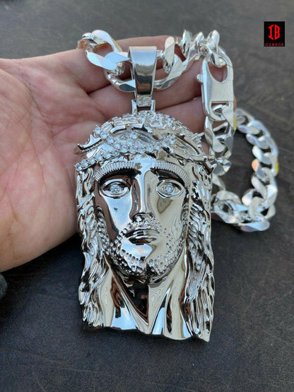 6inch 309 Grams 14k Gold Over 925 Silver Men's Jesus Piece Diamond Crown