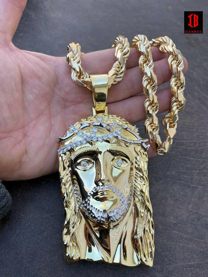 6inch 309 Grams 14k Gold Over 925 Silver Men's Jesus Piece Diamond Crown