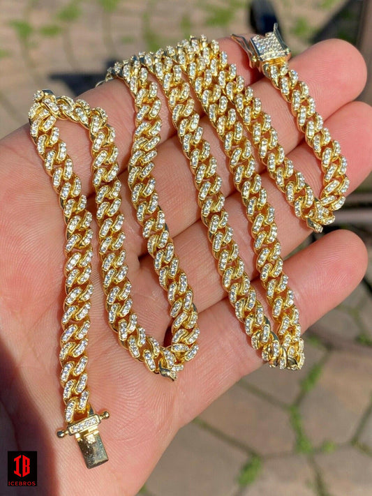 YELLOW GOLD 6mm Miami Cuban Iced 14k Gold Solid 925 Silver Chain Necklace 16-30" Men Ladies