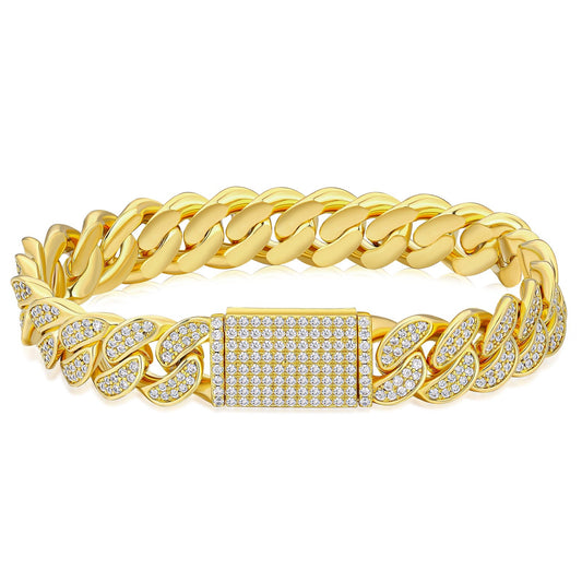 12mm 14K Gold Plated Brass Cuban Bracelet with 5A CZ Stones