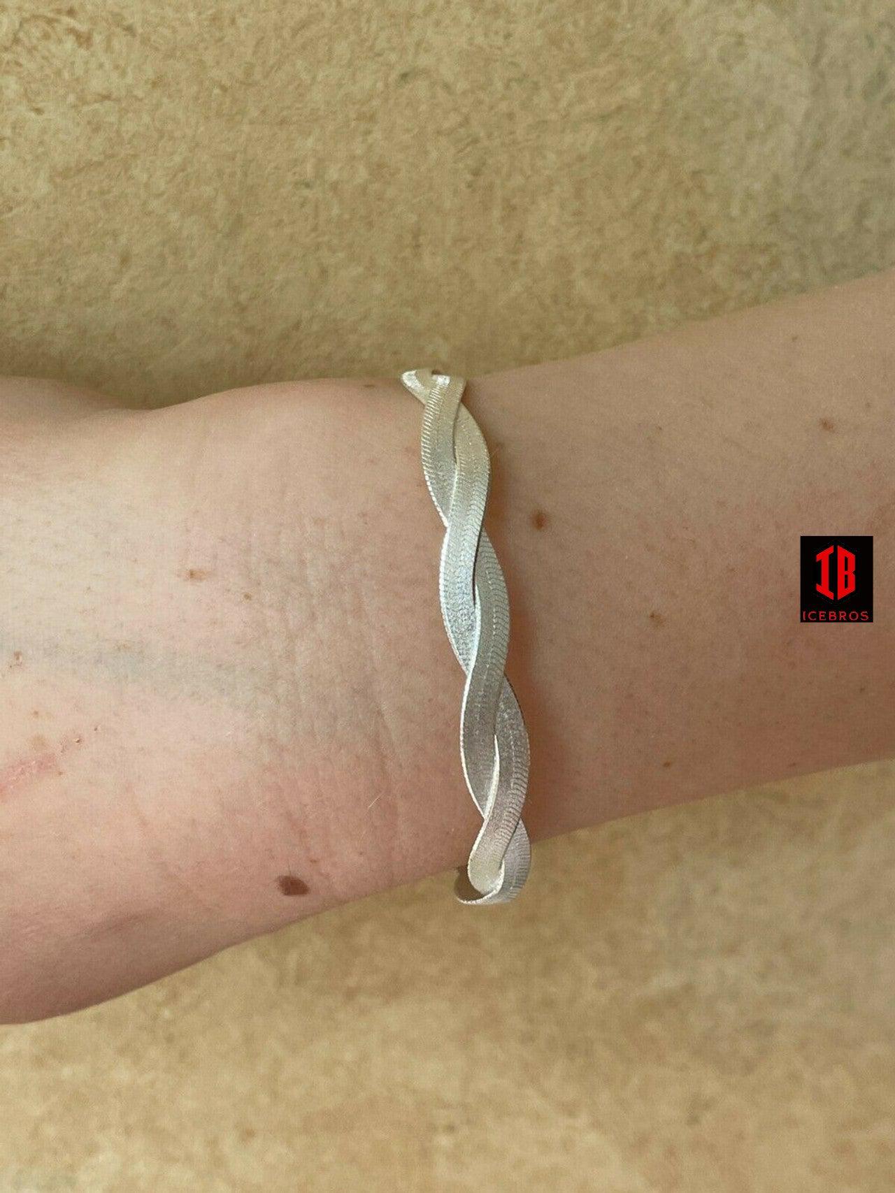 WHITE Gold Over Solid 925 Silver Twisted Braided Herringbone Bracelet 6" - 8.5"