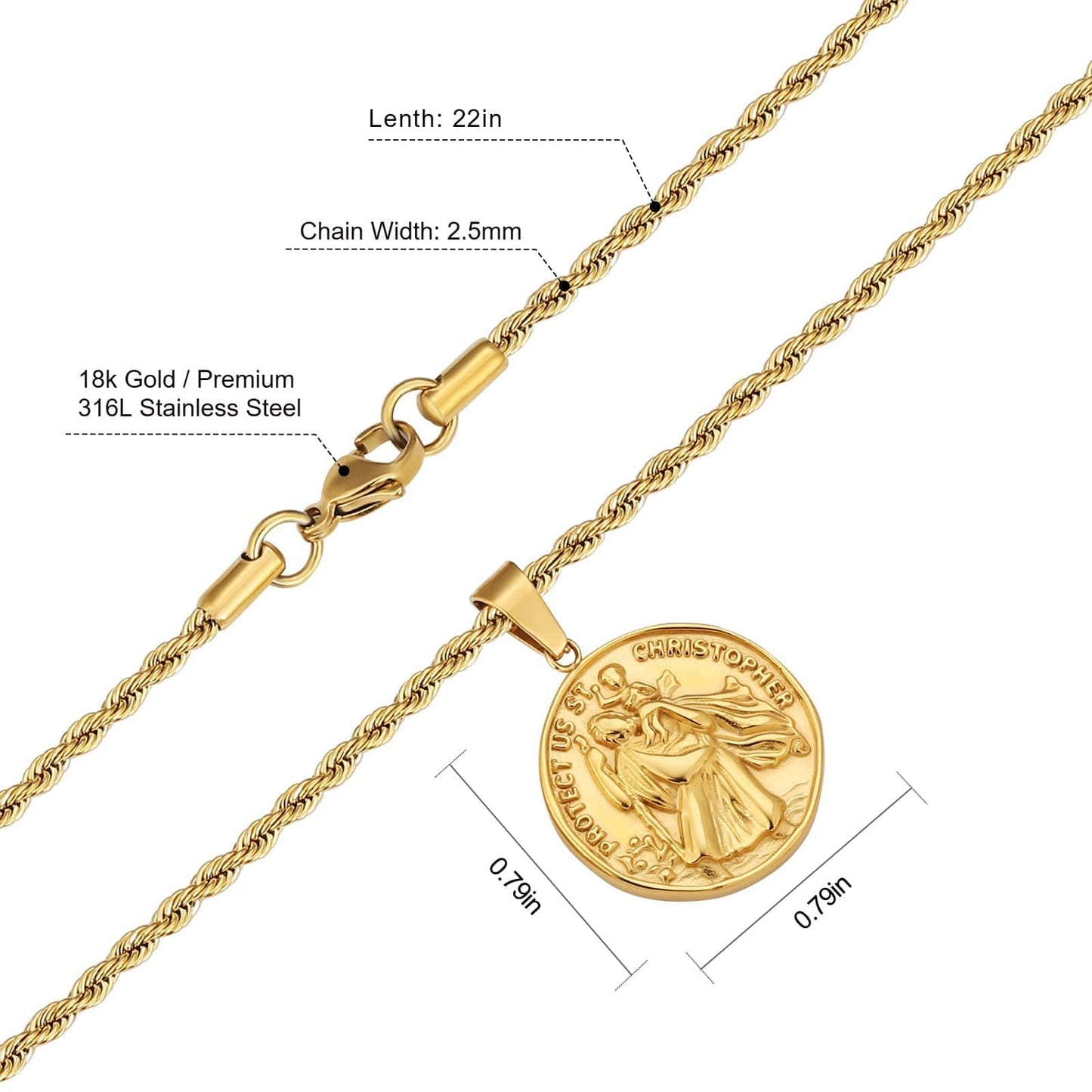St Christopher Coin Pendant Necklace Stainless Steel 18K Gold Color with Rope Chain
