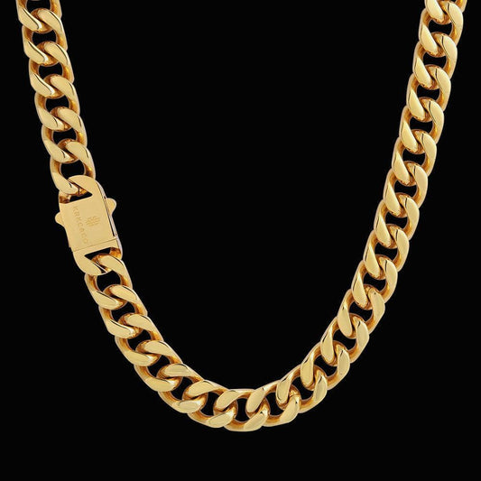14mm 18K Gold Plated Stainless Steel Curb Cuban Chain (Spring Buckle Clasp)
