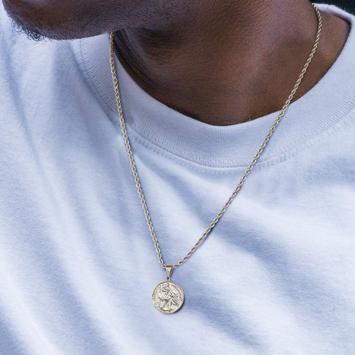 St Christopher Coin Pendant Necklace Stainless Steel 18K Gold Color with Rope Chain