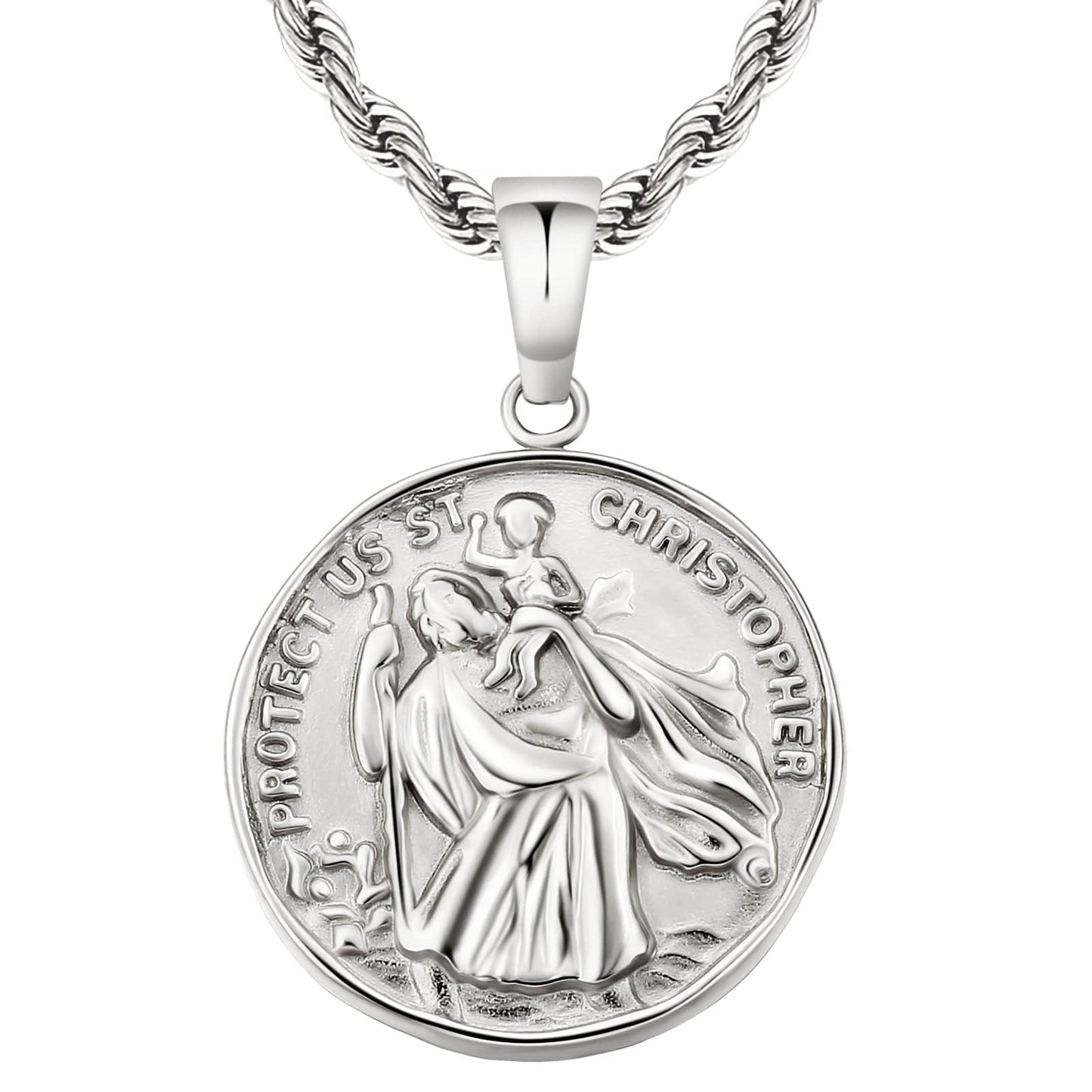 St Christopher Coin Pendant Necklace Stainless Steel 18K Gold Color with Rope Chain