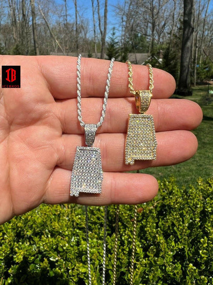 925 Silver Flag Alabama State Shape Pendant Iced CZ Diamond Necklace Gold