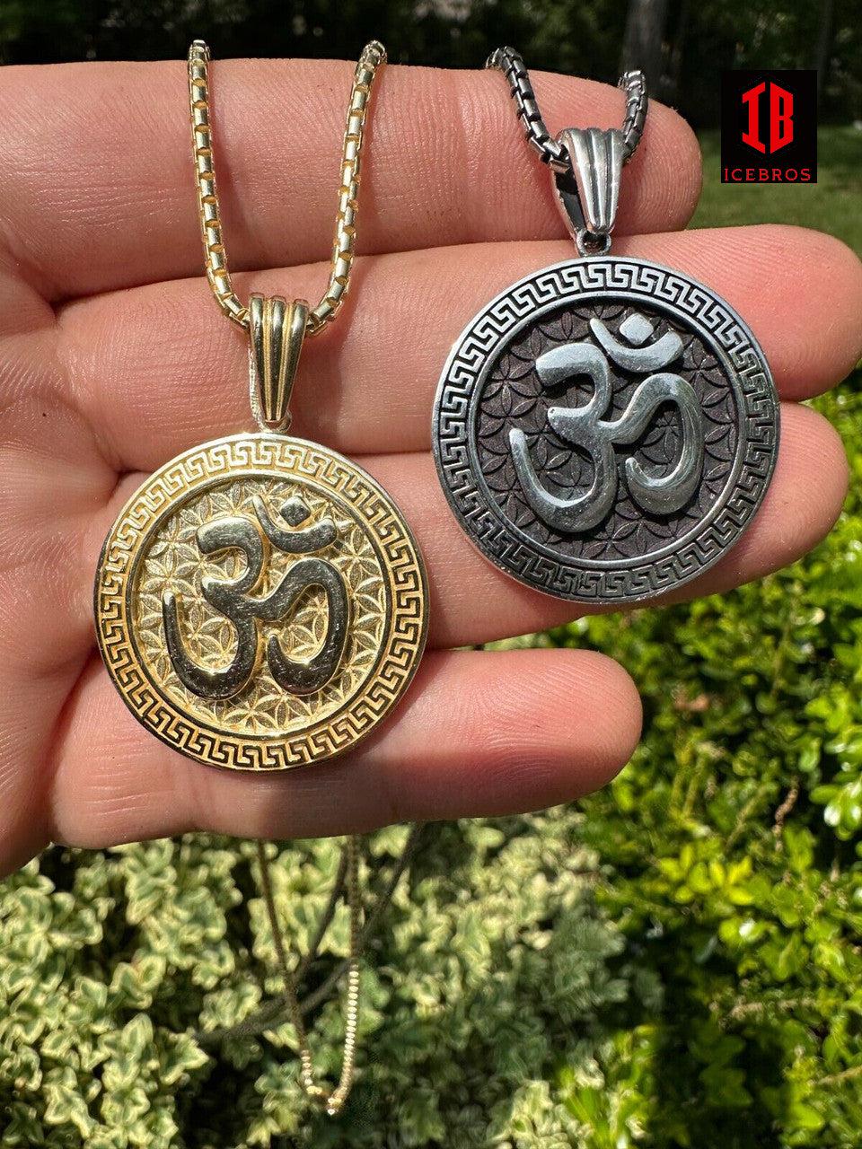 925 Silver Plata 14k Gold Plated Ohn Hindu Om Big 1inch Medallion Pendant Necklace