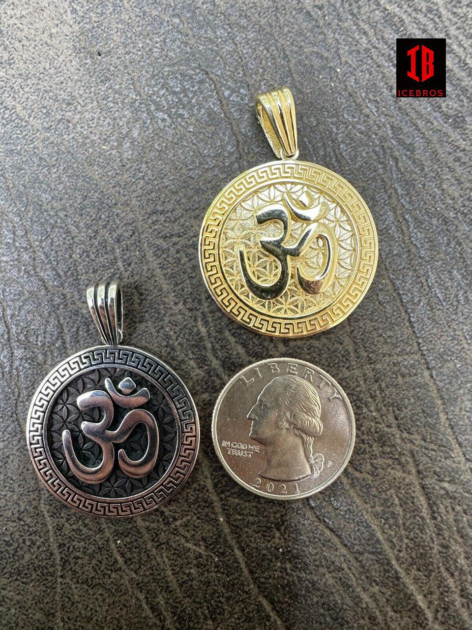 925 Silver Plata 14k Gold Plated Ohn Hindu Om Big 1inch Medallion Pendant Necklace