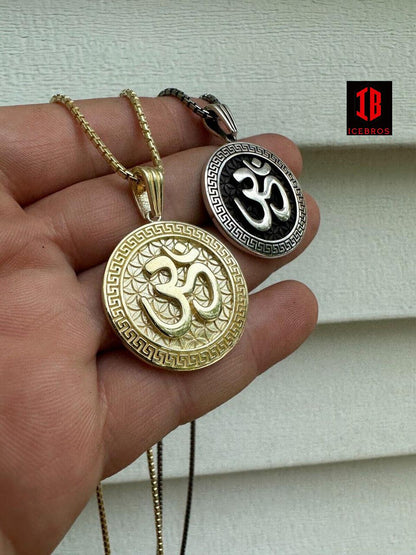 925 Silver Plata 14k Gold Plated Ohn Hindu Om Big 1inch Medallion Pendant Necklace