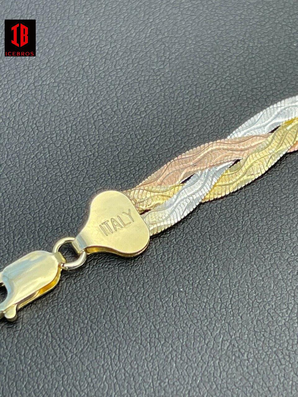 925 Silver Tri Color Yellow Rose Gold Braided Herringbone Bracelet Tri color