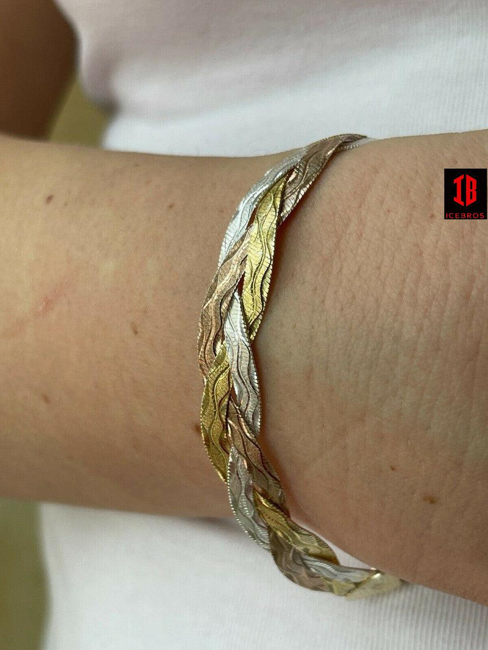 925 Silver Tri Color Yellow Rose Gold Braided Herringbone Bracelet Tri color