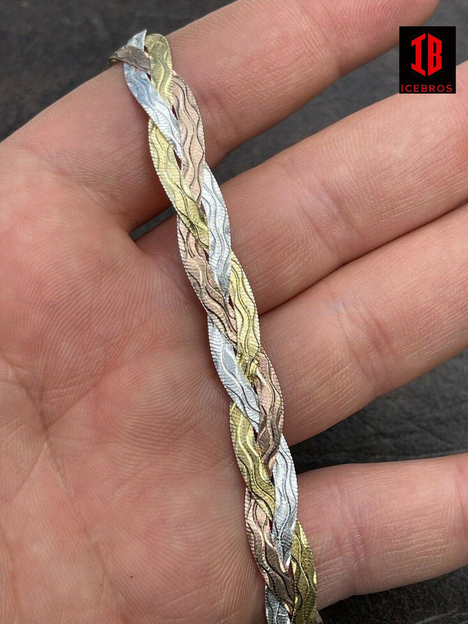 925 Silver Tri Color Yellow Rose Gold Braided Herringbone Bracelet Tri color