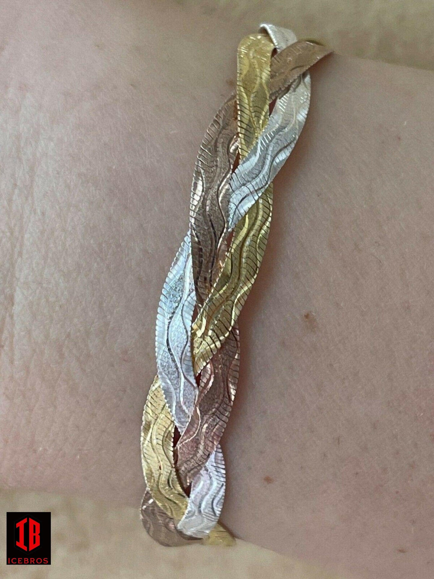 925 Silver Tri Color Yellow Rose Gold Braided Herringbone Bracelet Tri color