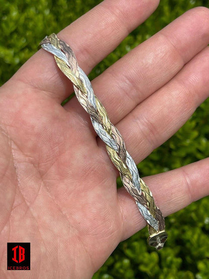 925 Silver Tri Color Yellow Rose Gold Braided Herringbone Bracelet Tri color