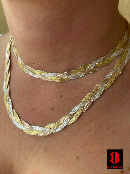 925 Silver Tri Color Yellow White Rose Gold Braided Herringbone Chain Necklace