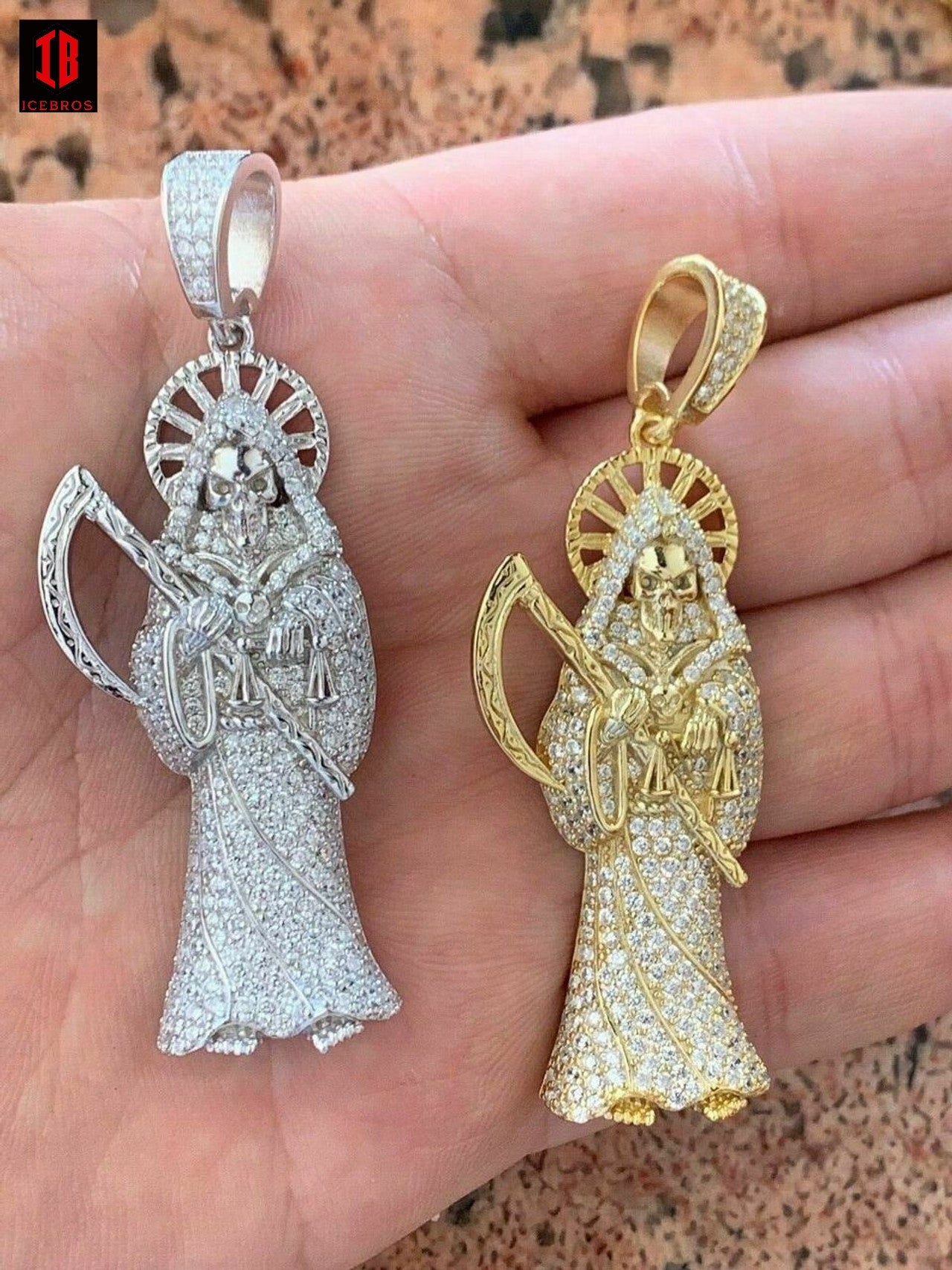 925 Sterling Silver White/Gold Santa Muerte Grim Reaper Death Pendant Necklace