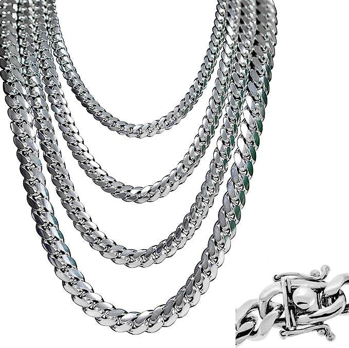 925 Vermeil Sterling Silver Men's Miami Cuban Link Chain Necklace Box Clasp (5-14mm)