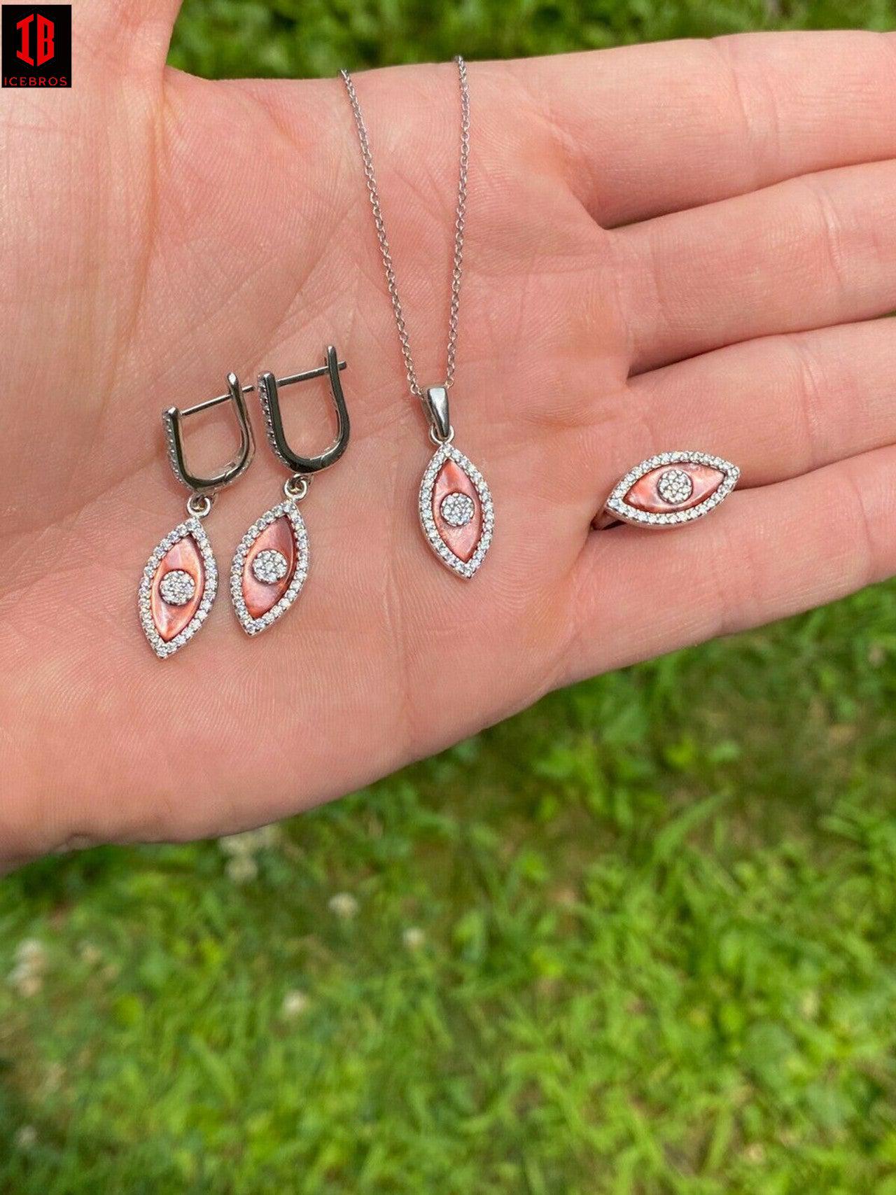 925 Silver Evil Eye Diamond Pink Pearl Ring Necklace Earrings Ladies Girls Set