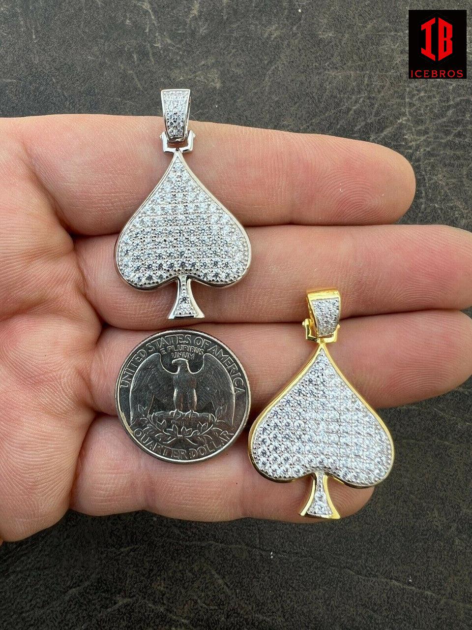 925 Silver Real Gold Hip Hop ACE Of Spades Pendant Iced Diamond Necklace Lucky