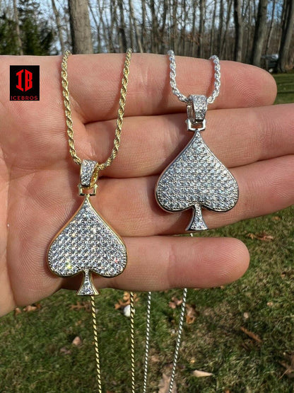 925 Silver Real Gold Hip Hop ACE Of Spades Pendant Iced Diamond Necklace Lucky