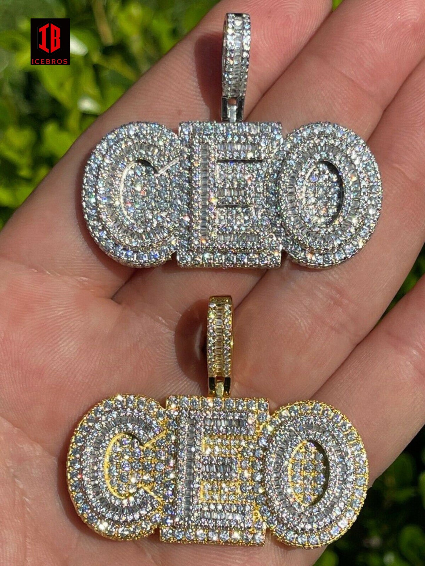 Fine 925 Silver Or Gold Large Iced Baguette Diamond CEO Big Boss Necklace Pendant