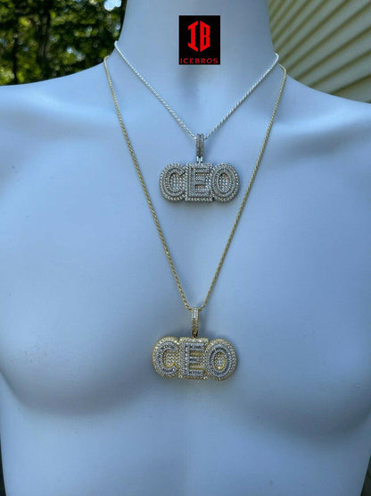 Fine 925 Silver Or Gold Large Iced Baguette Diamond CEO Big Boss Necklace Pendant