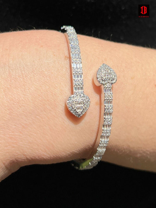 Real 925 Silver Iced Baguette Heart Bangle Cuff Bracelet 6-7.5" Man Made Diamond