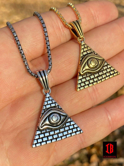 Fine 925 Silver Illuminati All Seeing Eye Egyptian Pyramid Pendant Gold Necklace