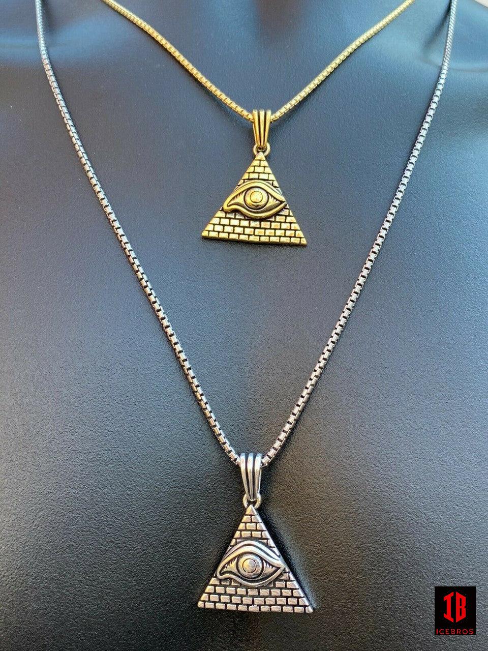 Fine 925 Silver Illuminati All Seeing Eye Egyptian Pyramid Pendant Gold Necklace