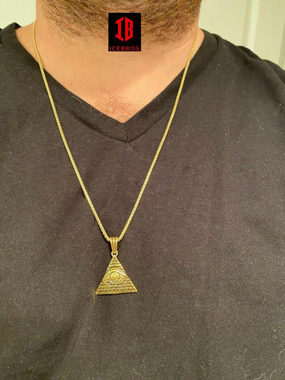 Fine 925 Silver Illuminati All Seeing Eye Egyptian Pyramid Pendant Gold Necklace