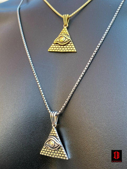 Fine 925 Silver Illuminati All Seeing Eye Egyptian Pyramid Pendant Gold Necklace