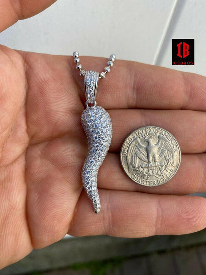 Fine .925 Silver Large Cornicello Italian Horn Hip Hop Pendant Necklace ICY 2inch