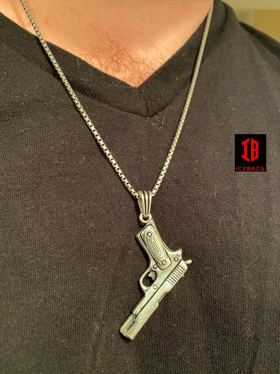 Solid 925 Silver Men's 9mm Glock Boy Gun Pistol Pendant Heavy Gold Necklace