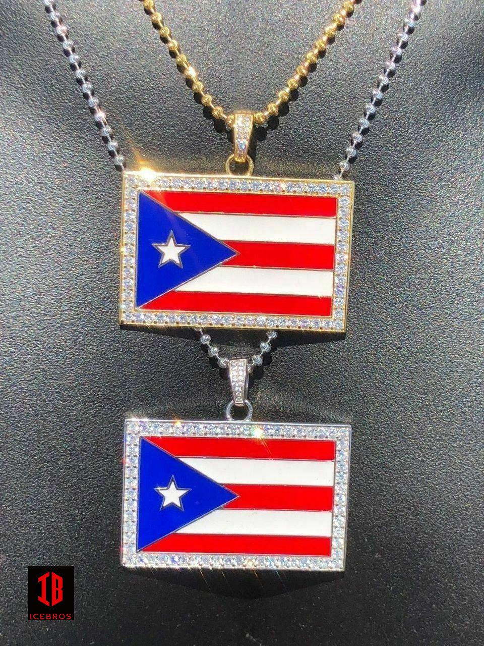 925 Silver Puerto Rico Enamel Flag Pendant 2" Wide BORICUA Rican Chain 14k Gold