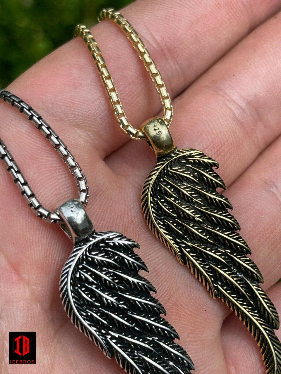 925 Sterling Silver Angel Wing Feather Pendant Necklace Gold Unisex