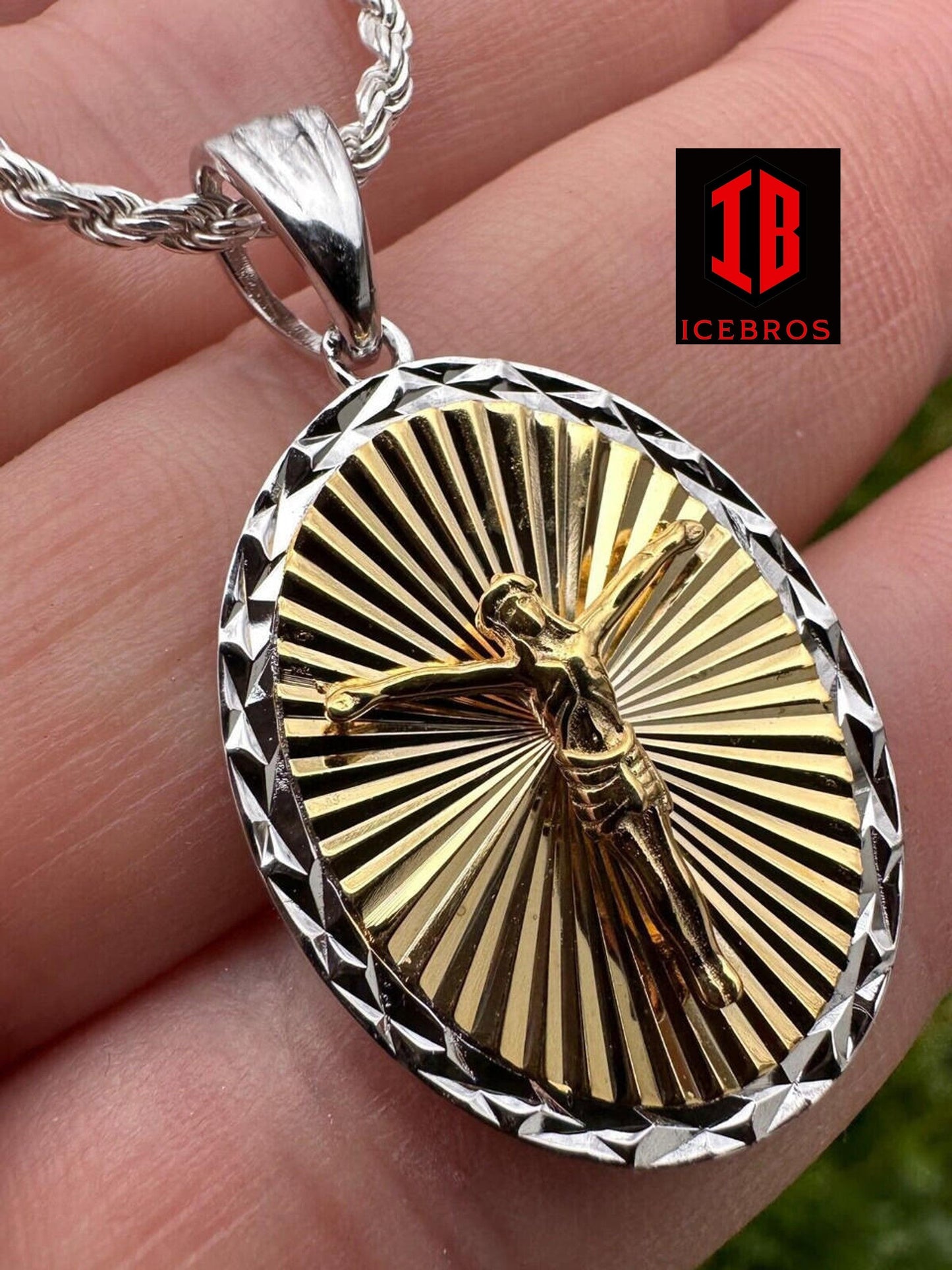 925 Silver 14k Gold Plated Illusion Jesus Medallion Pendant Diamond Cut Necklace - Flawless Karat