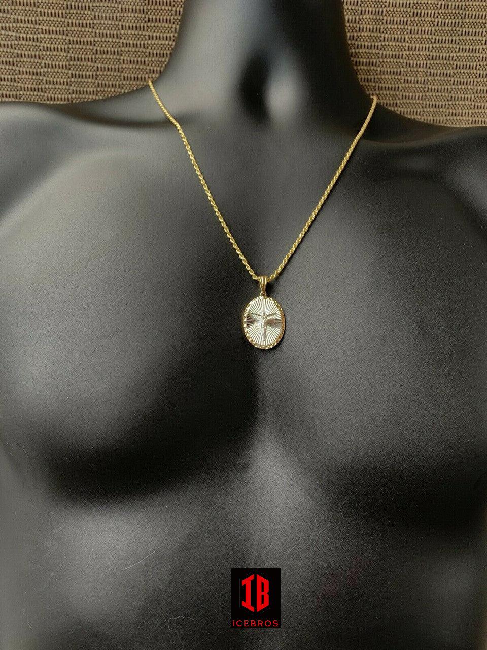 925 Silver 14k Gold Plated Illusion Jesus Medallion Pendant Diamond Cut Necklace - Flawless Karat