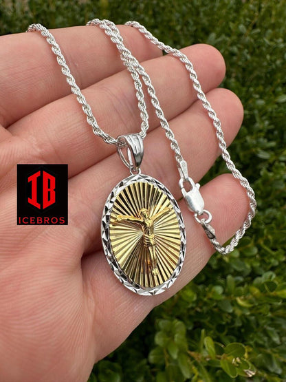 925 Silver 14k Gold Plated Illusion Jesus Medallion Pendant Diamond Cut Necklace - Flawless Karat